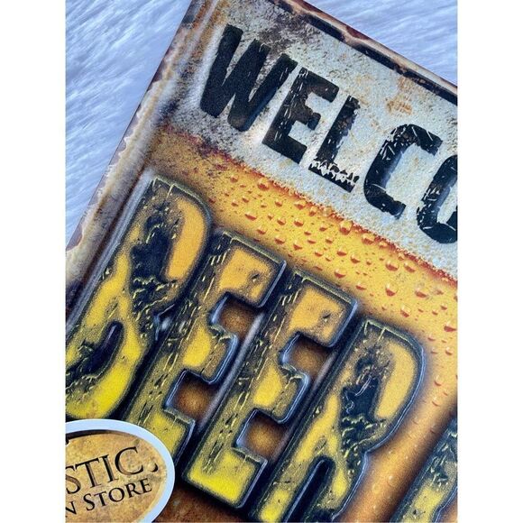 NWT NEW “WELCOME TO THE BEER CAVE” Metal Tin Sign Plaque Rustic Iron Store - Picture 2 of 6